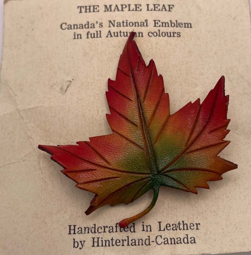 Vintage Leather Maple Leaf Pin by Hinterland-Canada- Vibrant Colors!